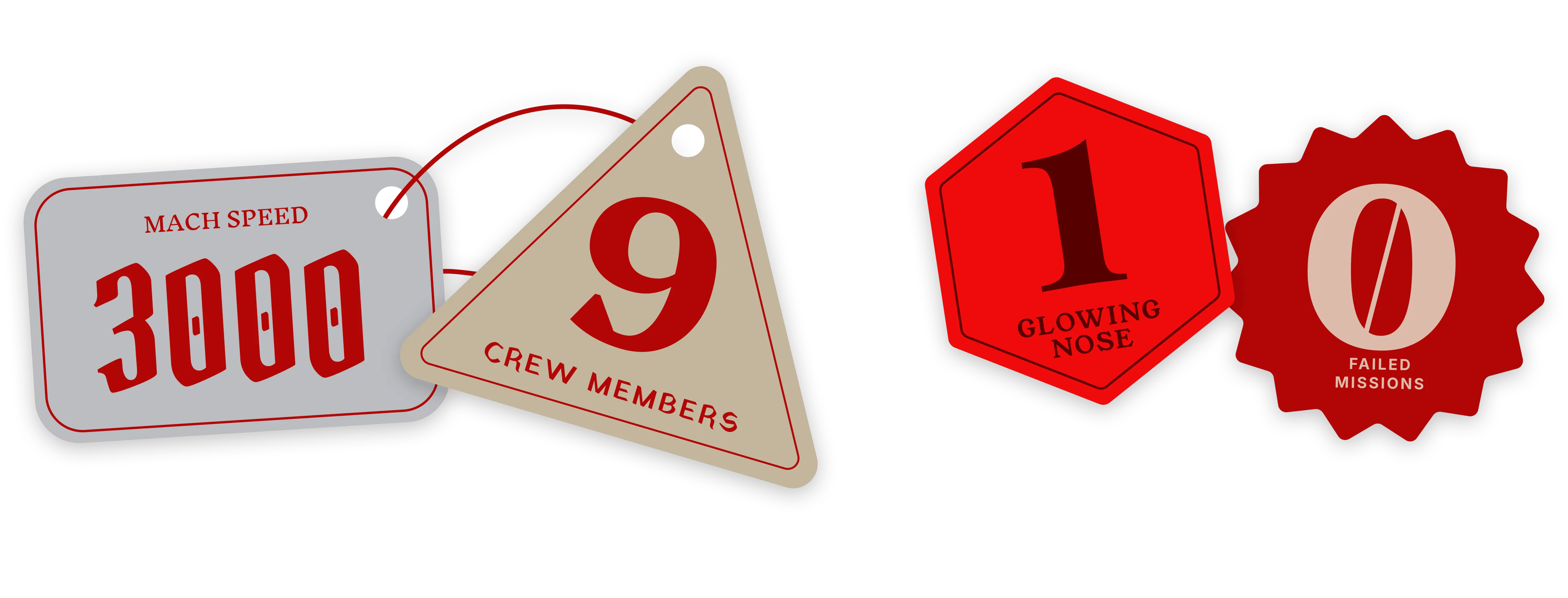 Reindeer crew stats: Mach 3000, 9 crew members, 1 glowing nose, 0 failed missions