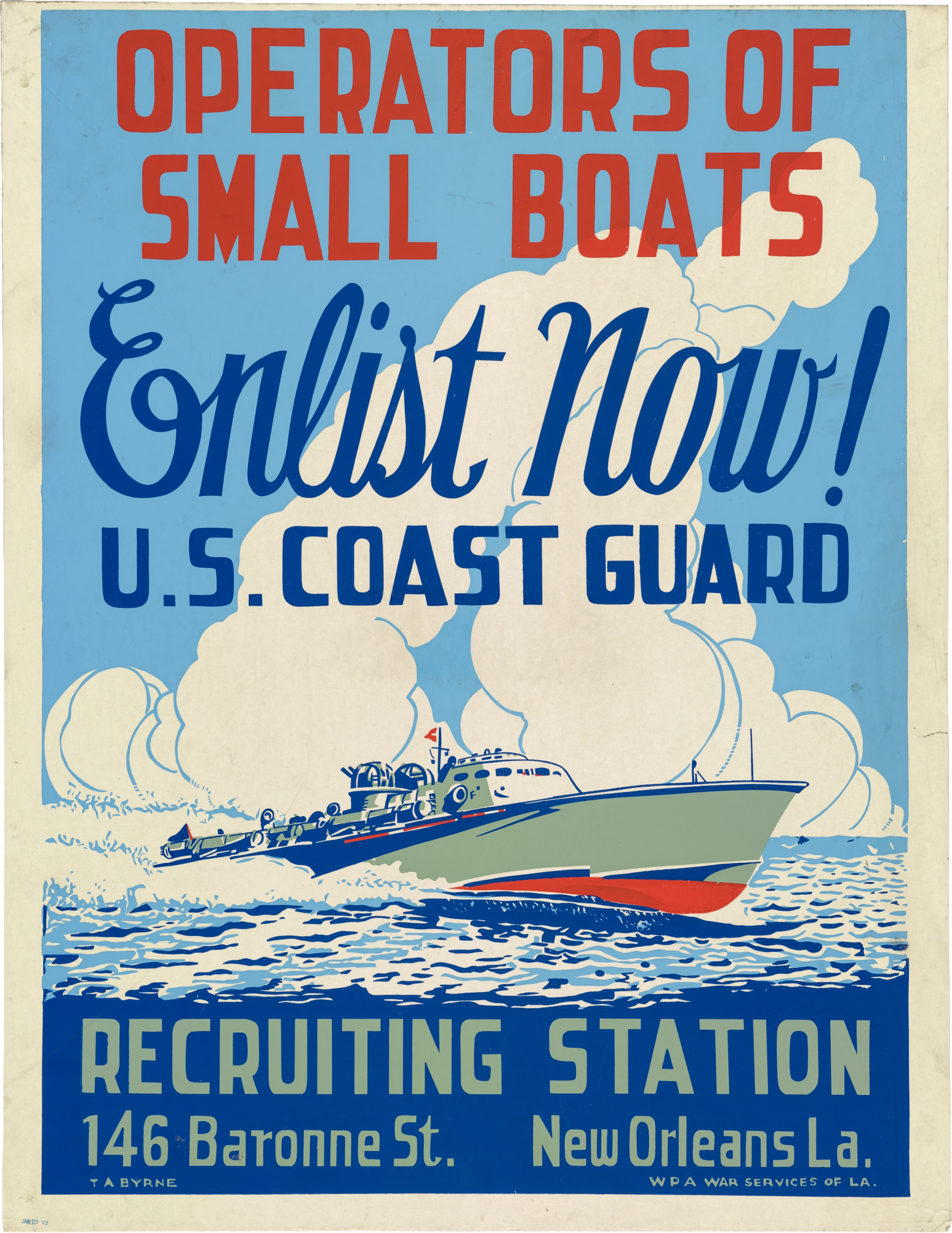 Operators of Small Boats Enlist Now! U.S. Coast Guard WPA Poster